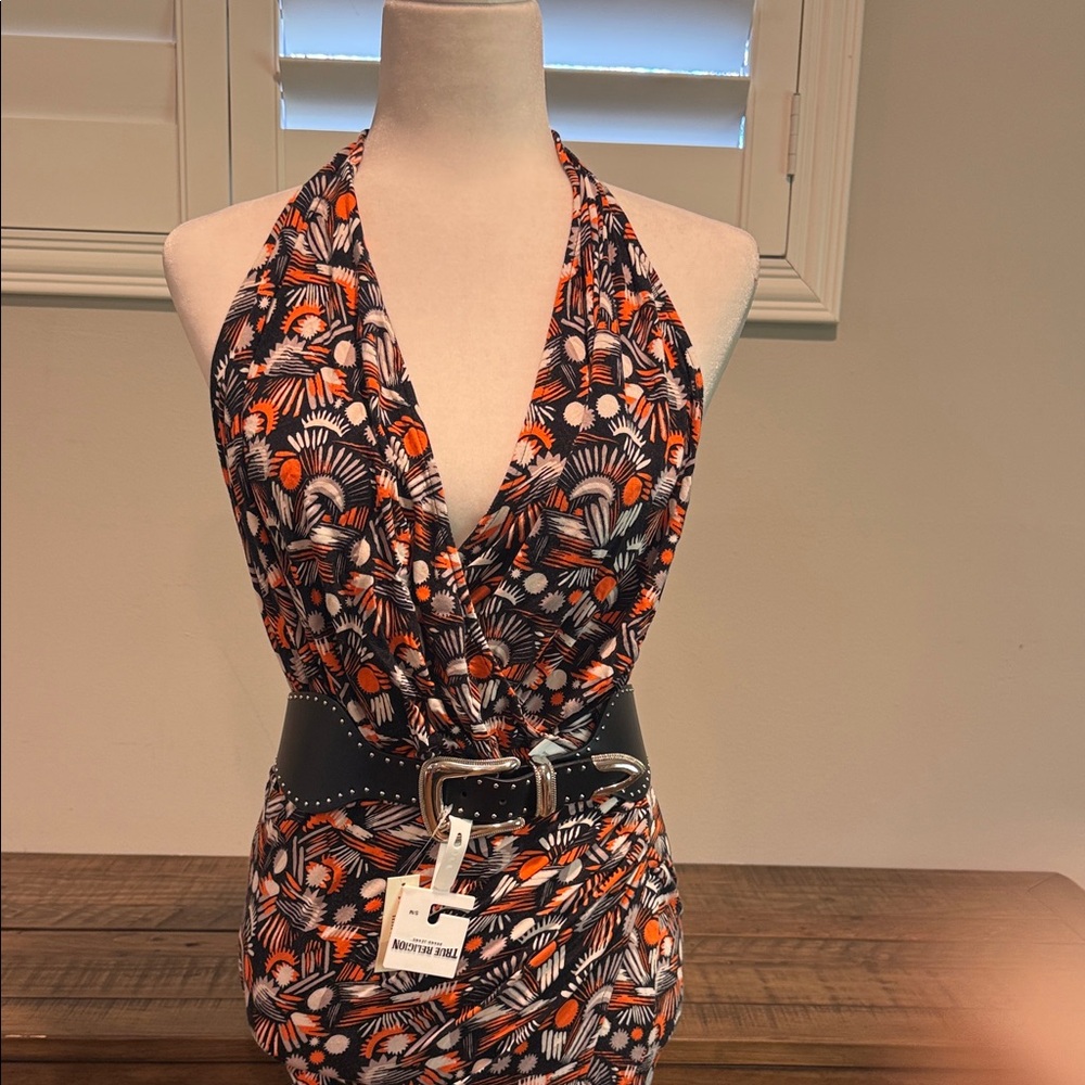 Free People Halter Dress - Black and Orange Pattern. Belt not included. - Picture 2 of 11